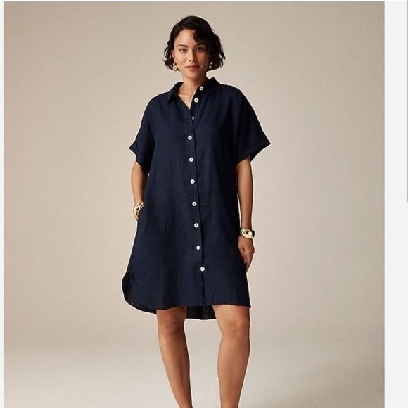 J. Crew Linen Shirt Dress Midi Relaxed-fit short-sleeve - Picture 1 of 11